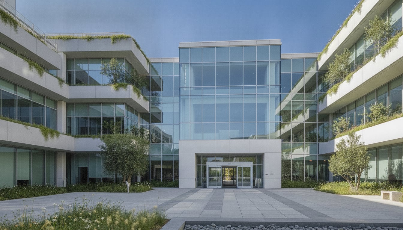 Modernes Gebäude einer Gesundheitsinstitution mit Glasfassade und begrünter Architektur