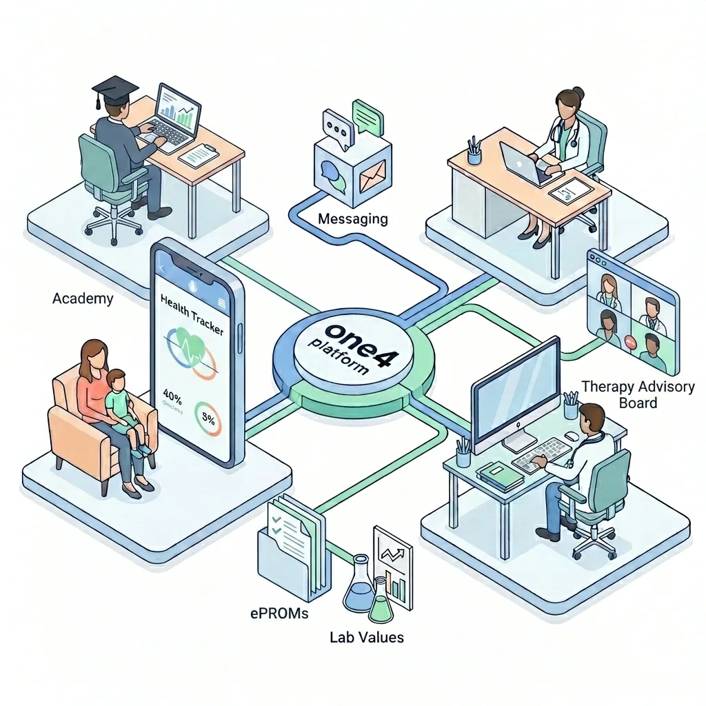 Isometrische Darstellung des One4 Ökosystems mit Patienten-App, Behandlungszentren und vernetzten Diensten